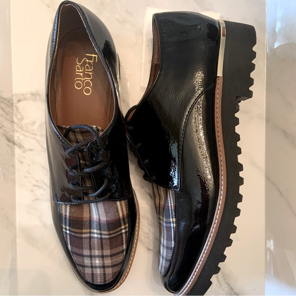Franco Sarto Black Patent & Plaid Lug Sole Oxfords